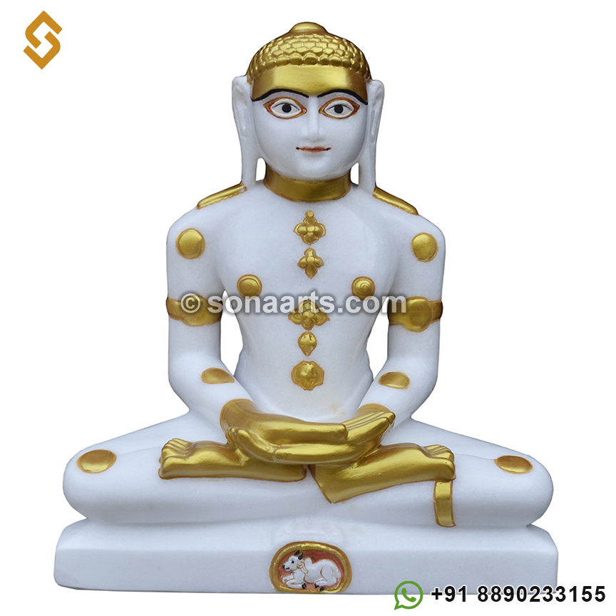 Golden work Pure White Marble Mahavir Swami Statue